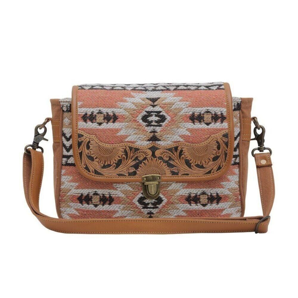Myra Bag Handmade Sansa Hand Tooled Bag Upcycled Canvas & Cowhide Leather